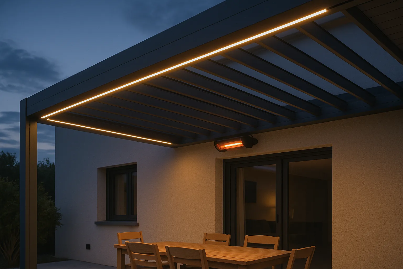 Pergola bioclimatique aluminium avec lames orientables et éclairage